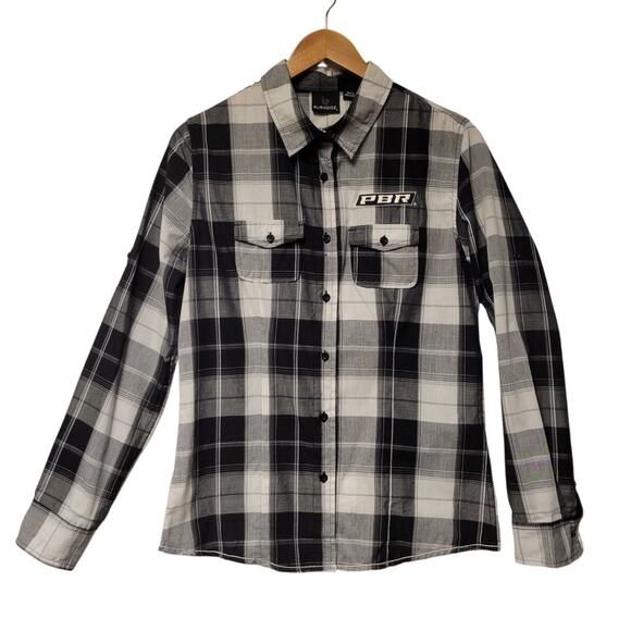 PBR Plaid Button Up Shirt Women's S Cowgirl Western Country Bull Riding Rodeo - Picture 1 of 10